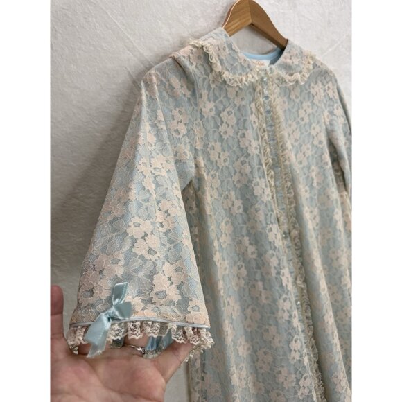 Vintage 1950's-60s Miss Elaine Women's Dressing Gown Blue with Cream Lace - Picture 11 of 12